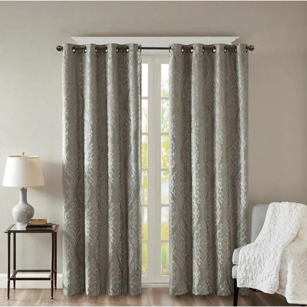 Charcoal Grey Knitted Jacquard TOTAL BLACKOUT Grommet Top Curtain Panel(1)